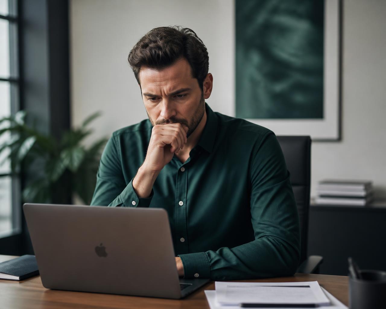 Empresário concentrado revisando informações da empresa em um notebook